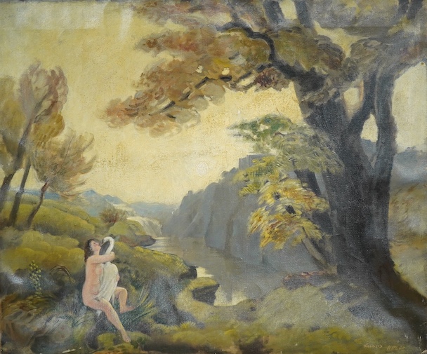 Francis Helps (1890-1972), oil on canvas, Leda and the swan, signed, unframed, 64 x 77cm. Condition - poor